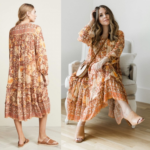 Spell designs Lady Amethyst Amber Boho midi dress gown copper M floral horses - Picture 2 of 16